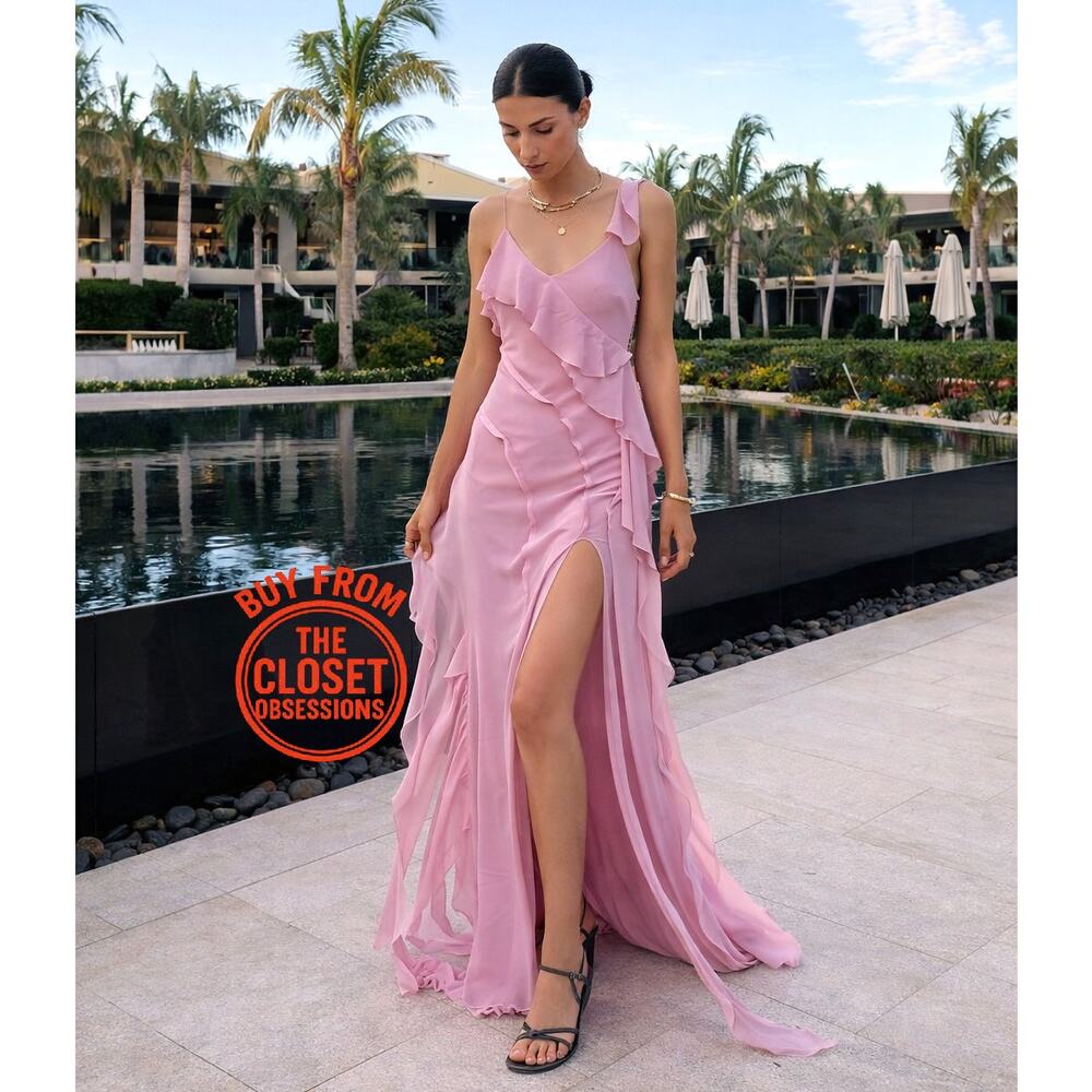 Mango NWT Pink Ruffle Front Slit Maxi Dress 8